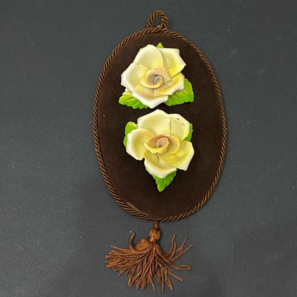 Vintage Capodimonte 3D Flowers Porcelain Plaque on Velvet Wall Decor 7”X3”